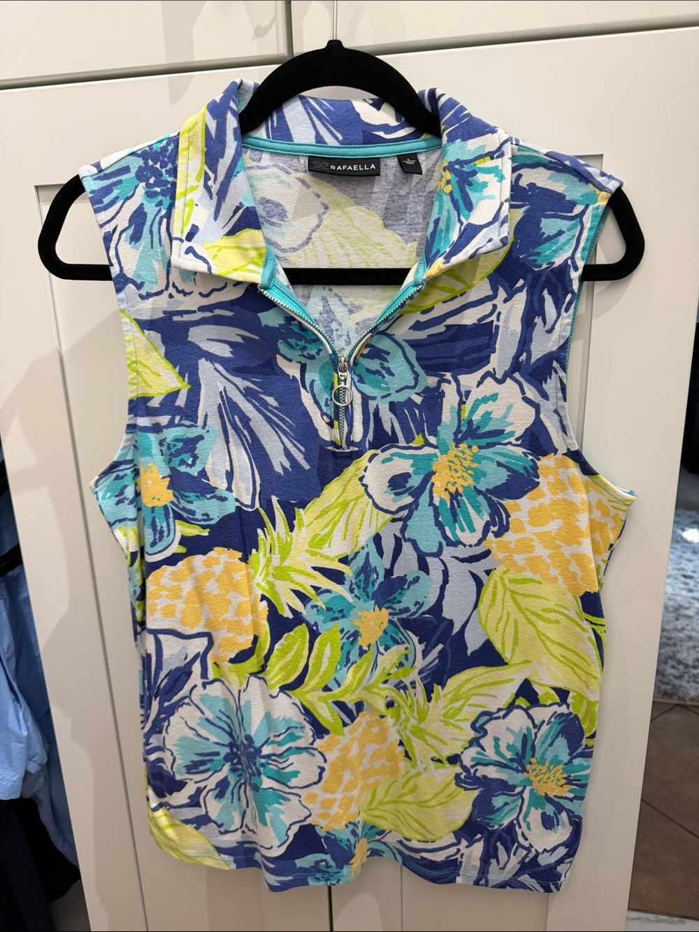 Rafaella Sleeveless Floral Zip Polo - Blue, Teal & Yellow-Green